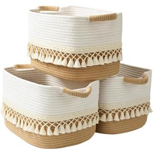 3 Pack Storage Basket for Shelves, Boho Cotton Rope Storage Bins with Heavy Tassel, Shelf Baskets Large Woven Baskets for Organizing, Cube Organizer Bins, Baby Laundry Basket for Clothes, Toys, Pets