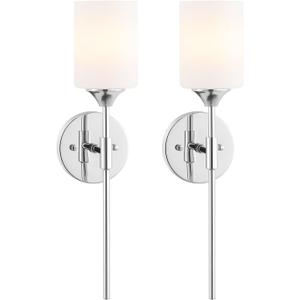 BYOLIIMA Modern Wall Sconce Set of 2 White Cylinder Glass Shades Mid Century Bathroom Vanity Wall Light Fixtures Industrial Wall Lamp for Bedroom Mirror Living Room Restaurant(Chrome Color)