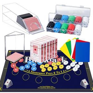 Extguds Entertainment Casino Game Set,Blackjack,Texas Hold'em,Poker Card Kit with Card Dealing Shoe,Discard Tray,200 Chips,6 Deck Card,Double-Sided Felt（Blue）,10 Cut Cards,Blackjack Set