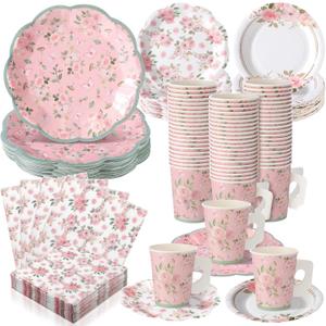 Pickmesh 252 Pcs Pink Floral Tea Party Supplies for 36 Guests Pink Floral Paper Disposable Dinnerware Flower Teacups with Handle and Saucers Set for Tea Party Decorations Birthday Wedding