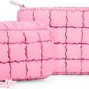 Quilted Makeup Bag and Zip Card Pouch Key Chain Puffer Cosmetic Bag Travel Cute Makeup Bag Organizer Mini Coin Purse (Pink)