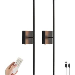27.5 Inch Black Battery Operated Wall Sconces Set of 2, LED Dimmable with Romote Control, 3CCT, Rechargeable, 360 Rotate, Wireless Wall Light for Living Room Hallway Bedroom
