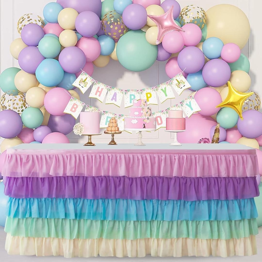 Table Skirt Rainbow Unicorn 6ft Ruffle Rectangle Tablecloth for Birthday Party Baby Shower Parties Decorations