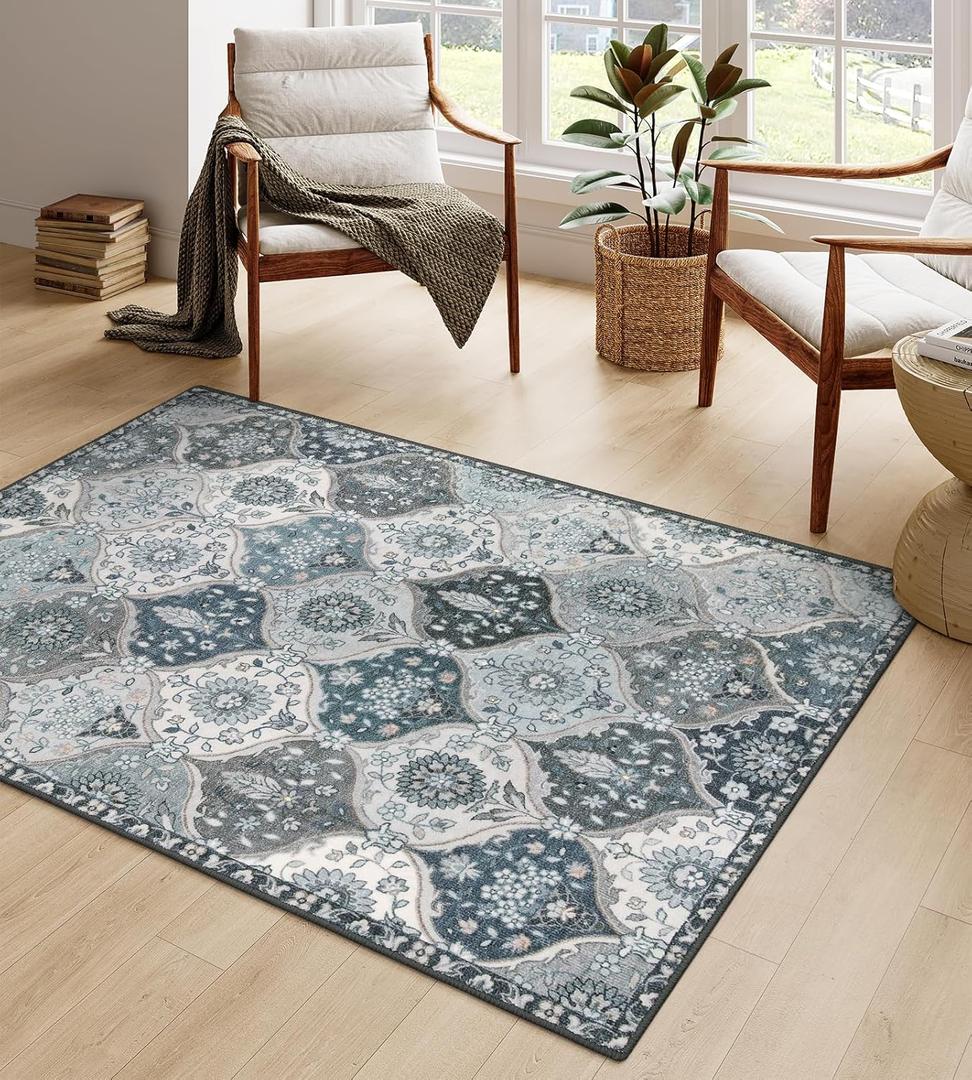 Lahome Moroccan Washable Living Room Rug, 5x8 Rugs for Bedroom Dining Room, Soft Non-Slip Non Shedding Boho Distressed Throw Carpet for Nursery Office, Blue (03-blue/Multi)