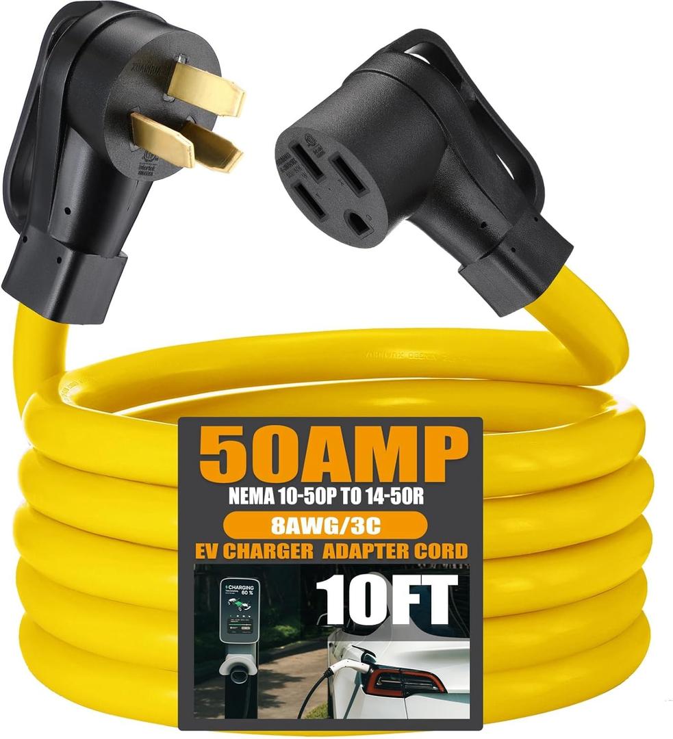 10FT NEMA 10-50P to 14-50R EV Charger Adapter Extension Cord 50 Amp Dryer to 50 Amp EV for Level 2 Charging, 3 Prong Male to 4 Prong Female Power Cord with Handle, STW 8 AWG/3C, ETL Listed