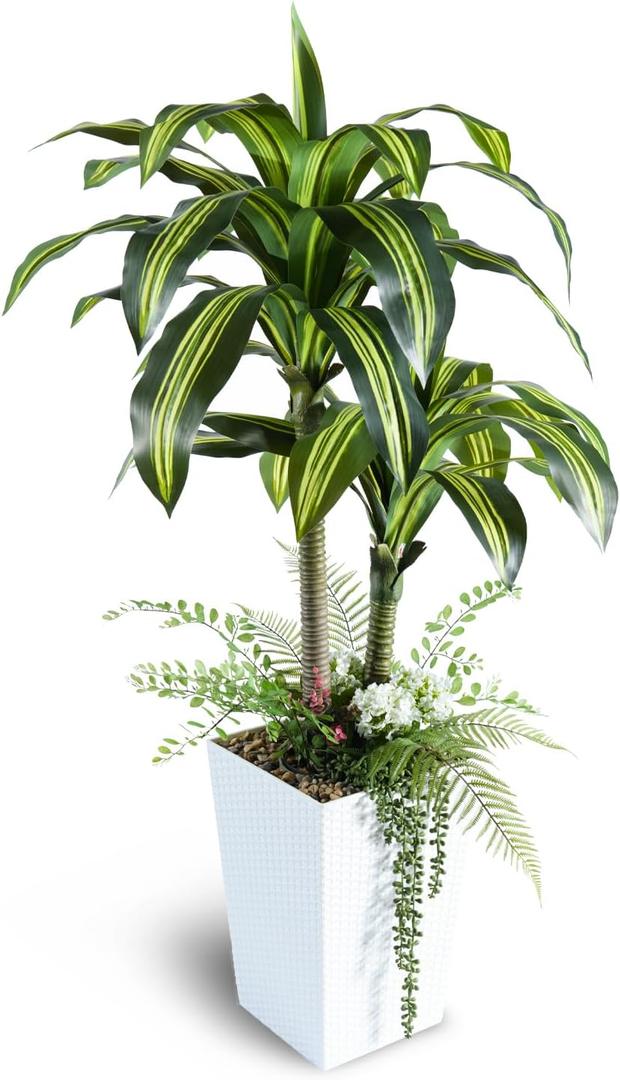 Artificial Plants Indoor, 4FT Tall Fake Tree with White Tall Planter, Artificial Dracaena Tree for Living Room Office Home Decorations Housewarming Gifts