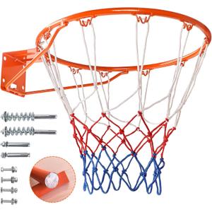 Dripex Solid Basketball Rim 18" Replacement Breakaway Wall Mounted Outdoor Heavy Duty Solid Steel 18 Inch Rim Double Spring with All Weather Net, Orange