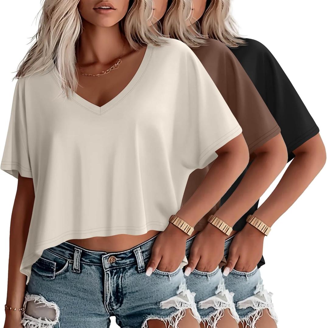 Huukeay 3 Pack Oversized T Shirts for Women Short Sleeve Crop Tops V Neck Irregular Hem Baggy Cropped Tees (Medium, Cream, Coffee, Black)
