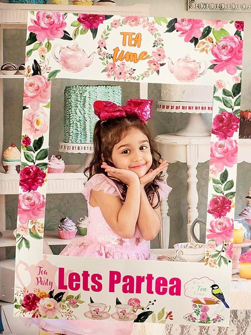 JeVenis Lets Partea Photo Booth Frame & Props - Tea Party Supplies for Bridal Shower & Birthday Parties