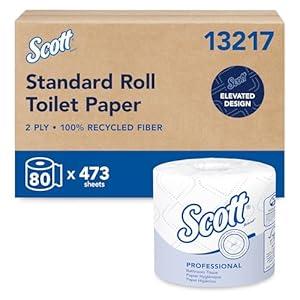 Scott Professional 100% Recycled Fiber Standard Roll Bulk Toilet Paper (13217), 2-Ply, Elevated Design, White, Individually Wrapped (80 Rolls of 473 Sheets, 37, 840 Sheet Total)