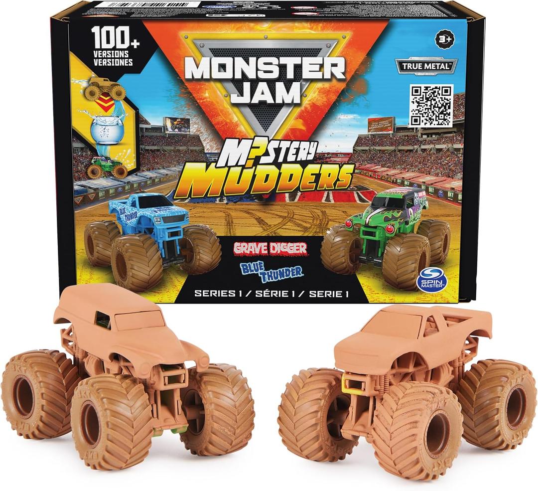 Monster Jam, Mystery Mudders 2-Pack Monster Trucks, Official 1:64 Die-Cast Vehicles, Wash to Reveal (Styles Will Vary), Kids Toys for Boys 3 and Up