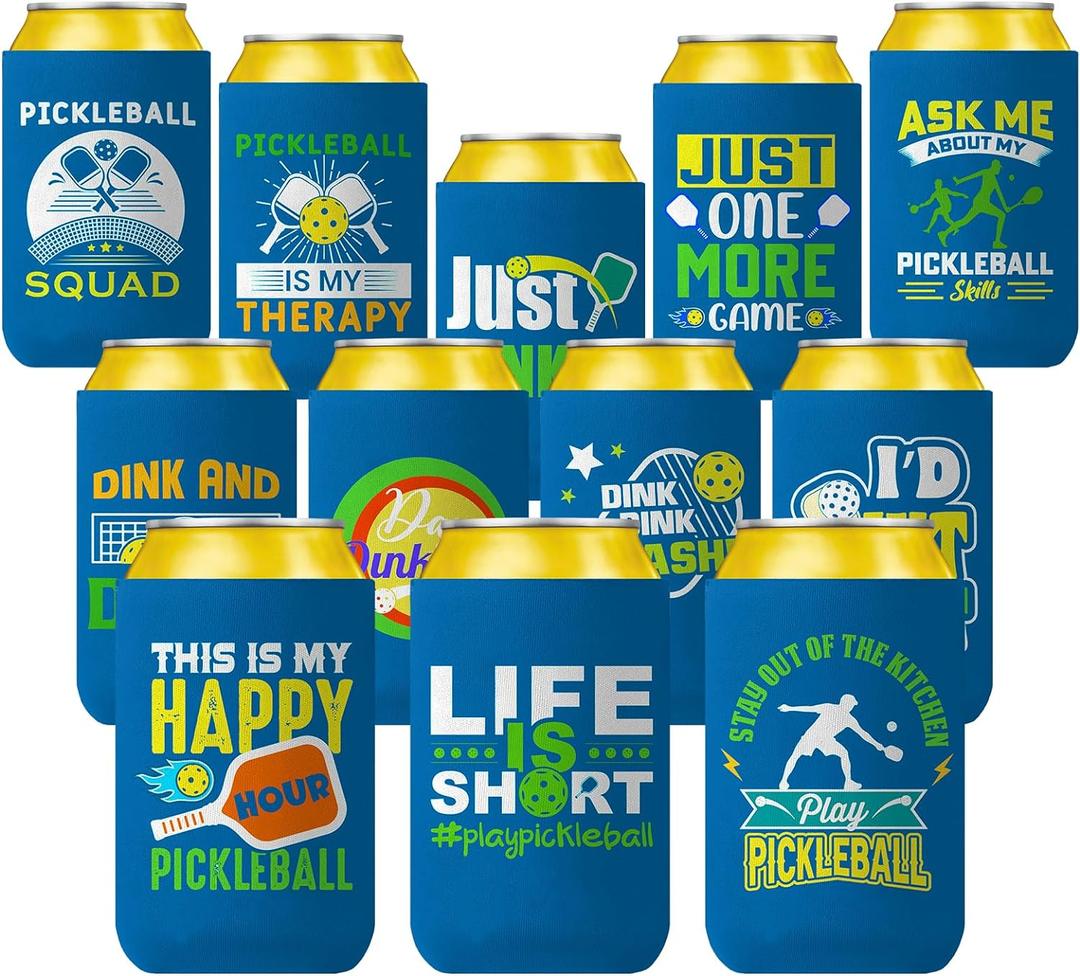 Pickleball Themed Can Cooler - 12 Packs Funny Pickleball Gifts for Women Men, Neoprene Insulated Beer Can Sleeve Bulk for Sport Party Favor Supplies