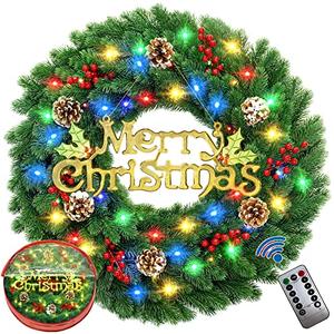 24 Inch Pre-Lit Artificial Christmas Wreath, Lighted Christmas Wreath for Front Door with Battery Operated 60 LED Lights, Decorated with Pine Cones, Berry Clusters,Christmas Collection