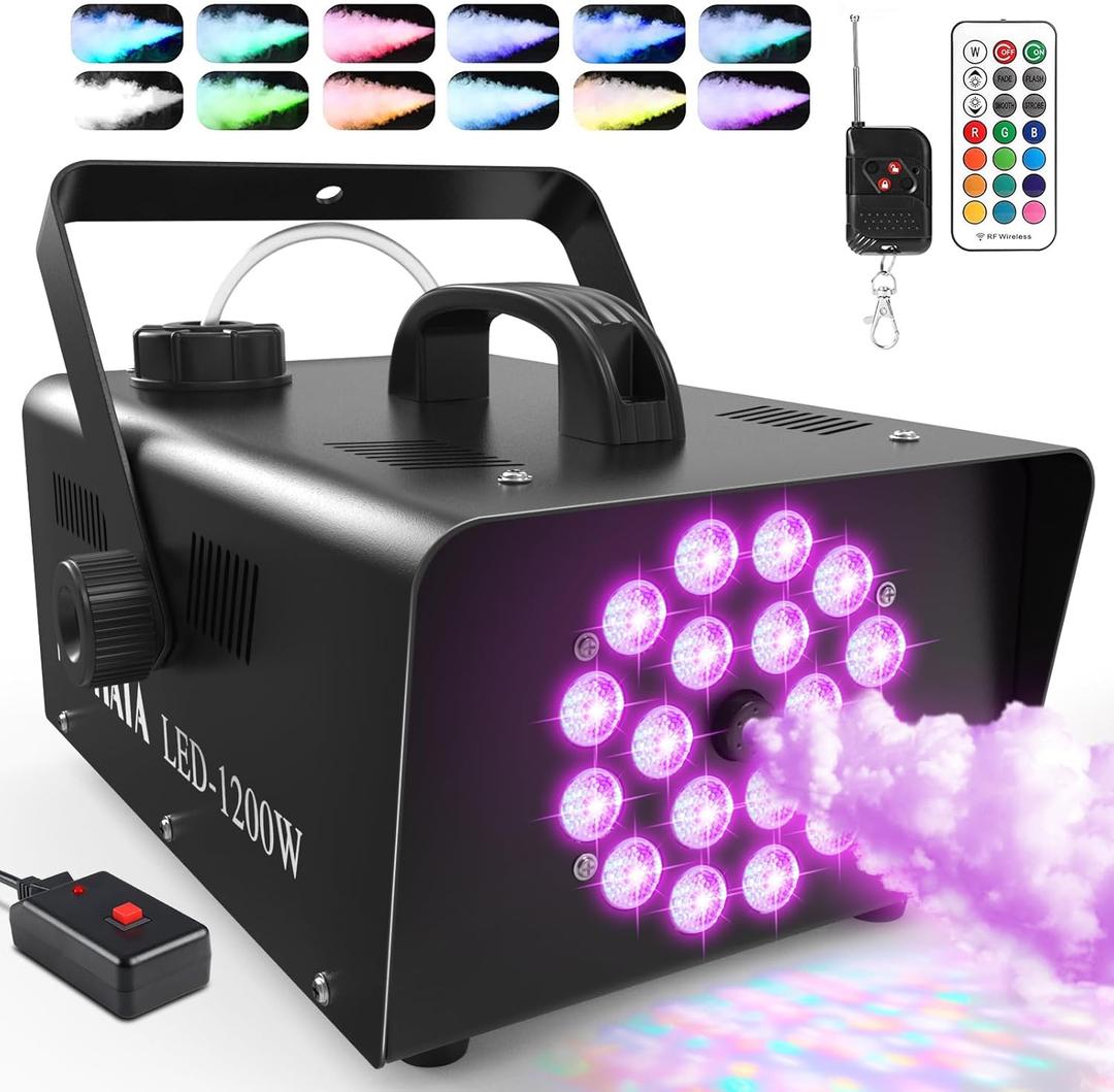 MOSFiATA 1200W Fog Machine, Smoke Machine with 18LED Lights and 6000CFM Fog with Wireless Remote Control Perfect for Wedding, Festival, Party and Stage Effect