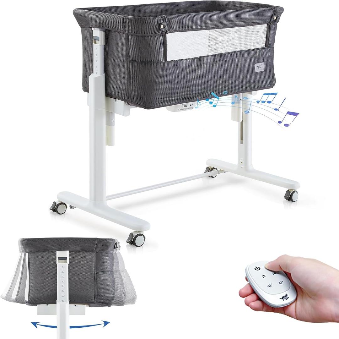 VaVaSoo Rocking Bassinet for Baby, Automatic Electric Bedside Bassinet, 5 Heights Adjustable Baby Bedside Sleeper for Infant 0-6 Months, Auto Rocking Crib on Wheels, Dark Grey