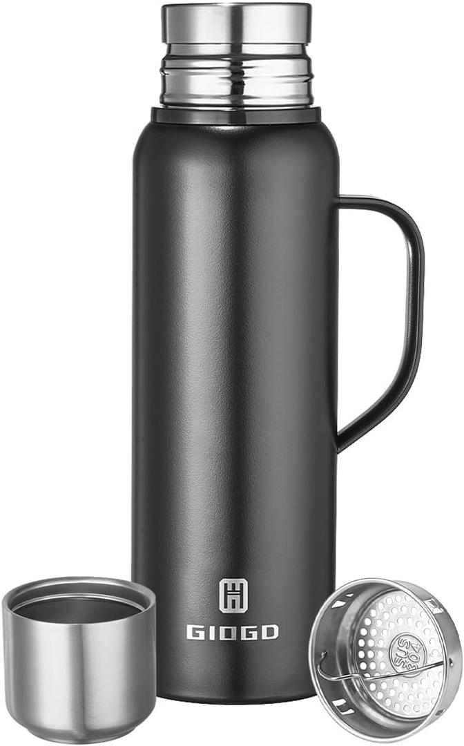 Insulated Vacuum Thermo Bottle 750ml/25.4oz with Cup Stainless Steel Coffee Bottles for Hot and Cold Drink Water Flask.(Black, with Handle, 750ml)