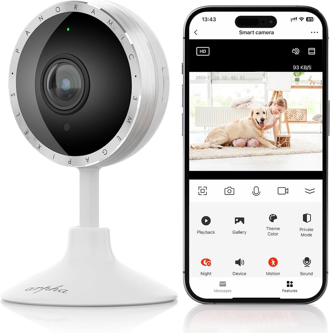 ARPHA 2K Indoor Security Camera, WiFi Pet Camera for Home Security with PIR Human Detection, Sound Detection, Night Version Two-Way Talk, Support TF Card & Cloud Storage