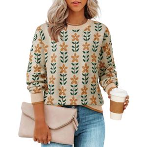ZESICA Women's Long Sleeve Crewneck Sweater 2025 Fall Printed Cute Oversized Knitted Pullover Tops Trendy Clothes, Apricot, Small