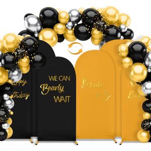 Double Color Wedding Arch Cover Set of 3 7.2ft 6.6ft 6ft Spandex Fitted Arch Stand Covers with Balloons Party Sign Round Top Backdrop Cover for Wedding Birthday Party Bridal Baby Shower (Black+Gold)