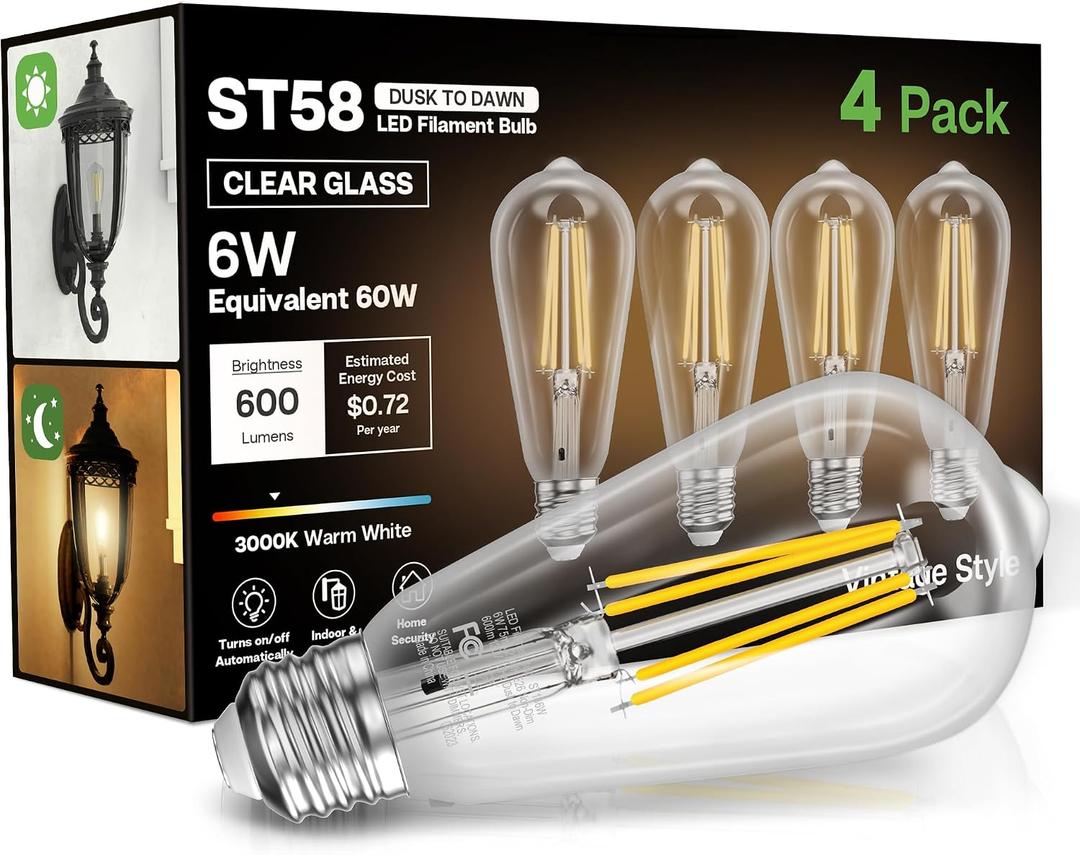 Dusk to Dawn Light Bulbs, 6W Equivalent 60W, Soft White 3000K, E26 Base, Light Sensing, ST58 Vintage Style, 600LM, Outdoor Edison Bulbs, Automatic Light Bulbs for Porch Patio Garage, 4 Pack