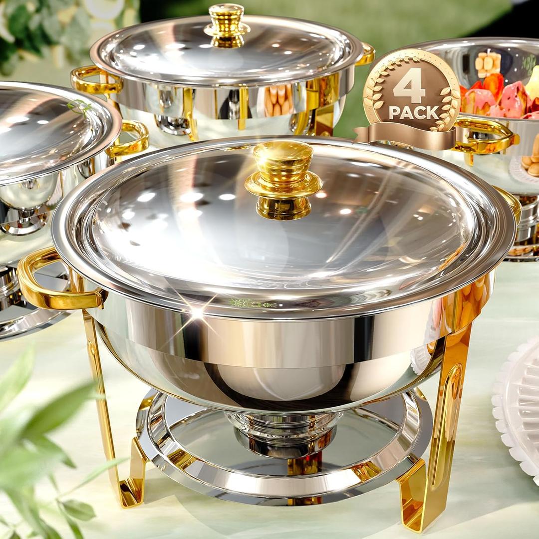 Chafing Dishes for Buffet 4 Pack, 6QT [Worry-Free Assemble] Round Chafing Dish Buffet Set [Elegant Gold and Silver Colors] Stainless Steel Chafers and Buffet Warmers Sets for Parties with Complete Set