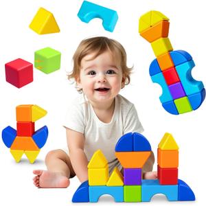 Pairez Toys Magnetic Building Blocks, Large Magnetic Stacking Blocks for Toddlers, 1.65 Inch 3D Magnet Cubes & Multiple Shapes, Montessori & Sensory Toys for Kids Ages 1-3 (15PCS)