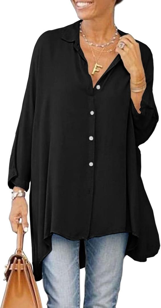 Aoysky Womens Oversized T Shirts Button Down Long Sleeve Shirt V Neck Collar Loose Flowy Blouse (Large, Black)