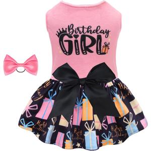 CuteBone Birthday Dog Dresses Velvet Holiday Small Dogs Clothes Onesie Pet Apparel Girl Puppy Skirt with Bow Hair Rope CVA48XXS-D