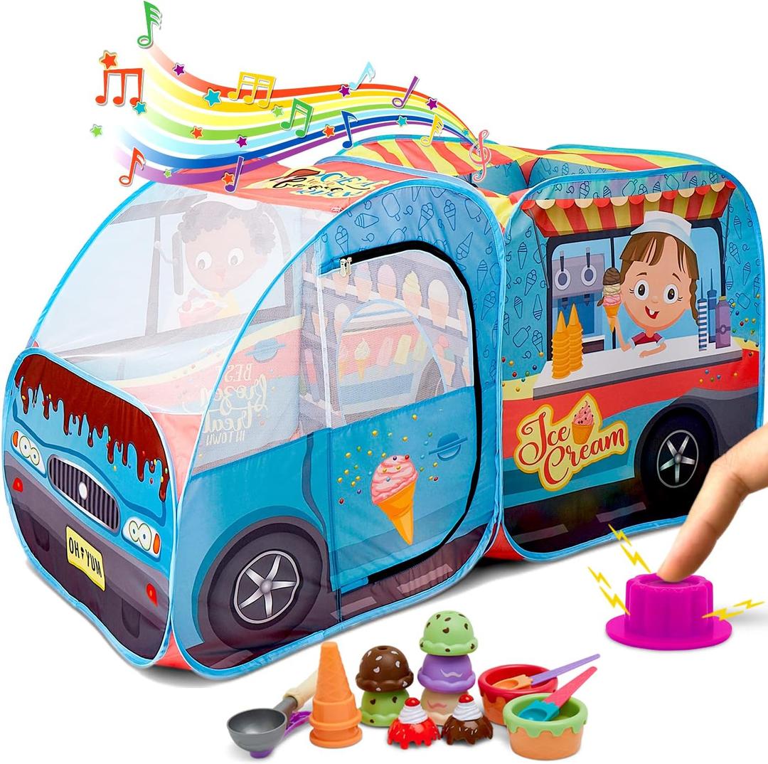 Kiddzery Ice Cream Truck Play Tent for Kids - Pretend Play Toy Food Set - Pop Up Icecream Playhouse Toys with Music Button - Birthday Gift for Girls & Boys - Indoor & Outdoor Tents for Toddlers & Baby