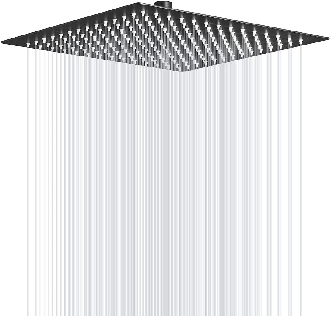 BWE Black 12 Inch Square Rain Shower Head 304 Stainless Steel Rainfall Showerhead with 1/2 Connection for Bathroom Ceiling or Wall Mount