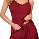 Girece Wine Red Pajamas for Women Set Ribbed Lace Trim Cami and Shorts Sexy 2 Piece Sleepwear with Elastic Waist Soft Sleeveless Pajama Set (Red, XXL)