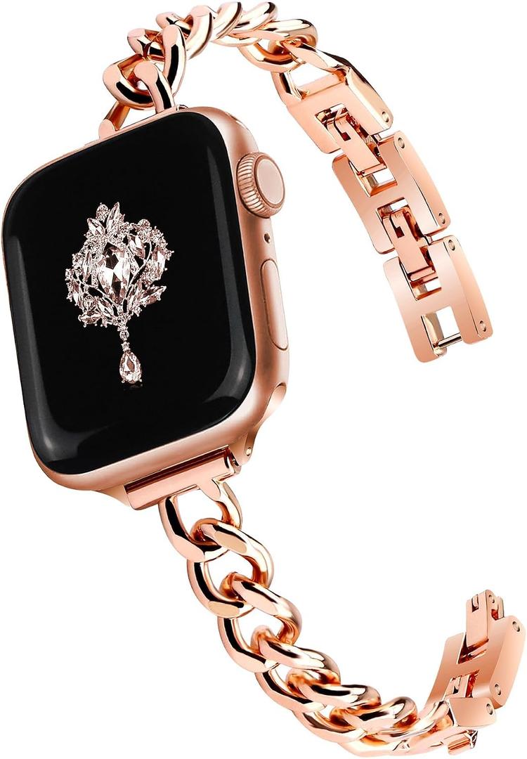 Newlibery Slim Rose Gold Band for Women Feminine Elegant Compatible with Apple Watch 38/40/41/42mm (S10/11) Adjustable Metal Strap Dressy Chain Bracelet for iWatch Series 11/10/9/8/7/6/5/4/SE/3/2/1