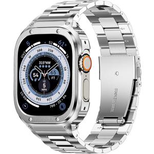 MioHHR Stainless Steel Band and Case Compatible with Apple Watch Band, Men Metal Protective Bumper Cover for iWatch Series, Size: 49mm(Ultra 3/2/1), Silver