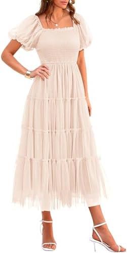 PRETTYGARDEN Women's Smocked Midi Tulle Dress 2026 Summer Puffy Short Sleeve Square Neck Ruffle Wedding Guest Party Dresses, XL