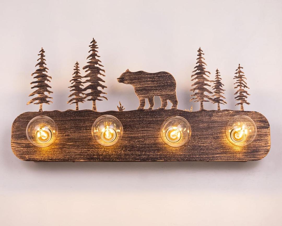 TOCHIC Rustic Bathroom Light Fixtures, 4 Lights Farmhouse Bathroom Vanity Light Over Mirror Dimmable, Western Bear Sconces Wall Lighting for Mirror Cabinets, Powder Room, Living Room, Bronze, 26L