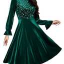 Bbonlinedress Green Velvet Cocktail Long Sleeve Dress Sequin Velvet Vintage Wedding Guest Midi Dress Dark Green S
