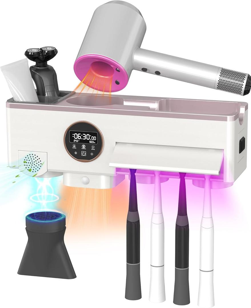 Toothbrush Cleaner and Holder for Bathrooms Wall Mounted with Fan Drying&30min Timing Function Cruise Air Drying,Electric Toothbrush Holder with 4Toothbrush Slots,Toothpaste Dispenser with Led Smart