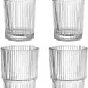 Ribbed Drinking Glasses, 20oz Glassware Set, 4 Pack, Lead-Free Handcrafted Glass Cups for Iced Coffee, Smoothies, Cocktails, and Juices, Durable and Stackable for Family Use or Parties