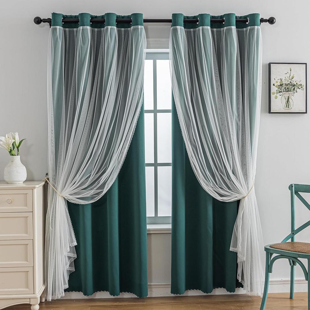 Anytime Home Curtains Blackout and Sheer Layered Solid Window Curtain Panel Pair with Grommet Top, 52Wx84L,Dark Green