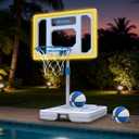Large Pool Basketball Hoop Poolside with Super Bright LED Solar Lights, 32" Shatterproof Backboard & Adjustable Height Swimming Pool Basketball Hoop, Includes 2 Balls & Pump for Kids & Adults
