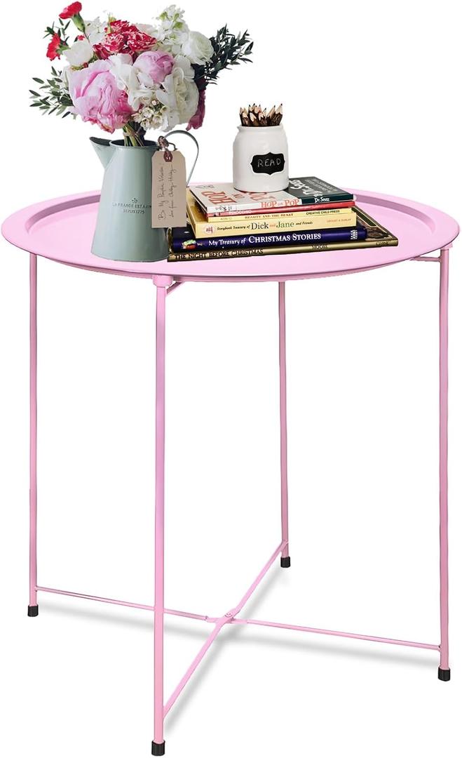 Garden 4 you End Table Metal Side Table Pink Round Folding Tray Cyan Sofa Small Accent Fold-able Table, Round End Table Tray, Next to Sofa Table, Snack Table for Living Room and Bed Room, 1 PC