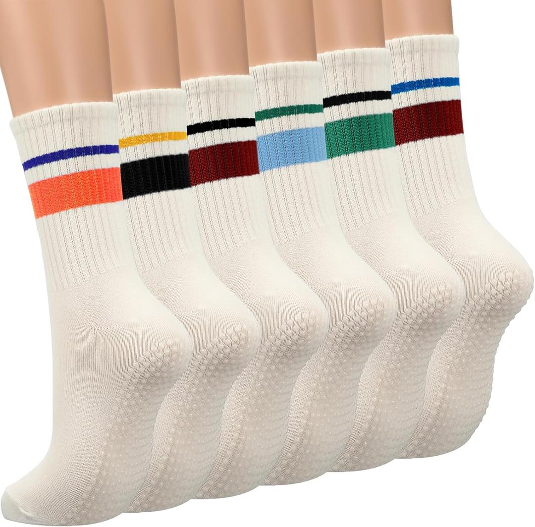 6 Pairs Pilates Socks with Grips for Women Cotton Non-slip Yoga Crew Athletic Socks for Barre Dance Exercise Gifts