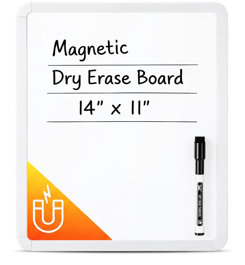 Dry Erase Board, 14” x 11”, White Frame | Includes Black Dry Erase Marker, Small Mini White Board for Students, Fridge, Wall, Locker, Double Sided Tapes Included