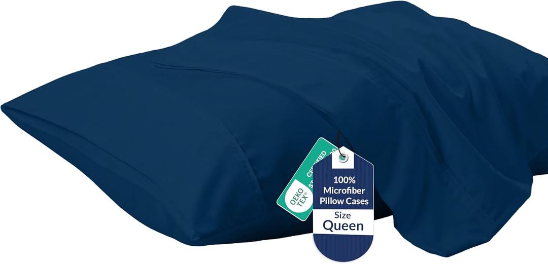 Royale Linens Queen Pillowcase Set of 2 - Bed Pillow Cover - 20" x 30" - Navy Pillowcases - 1800 Brushed Microfiber, Wrinkle & Fade Resistant - Soft & Cozy- Queen Size Pillow Case (Navy)