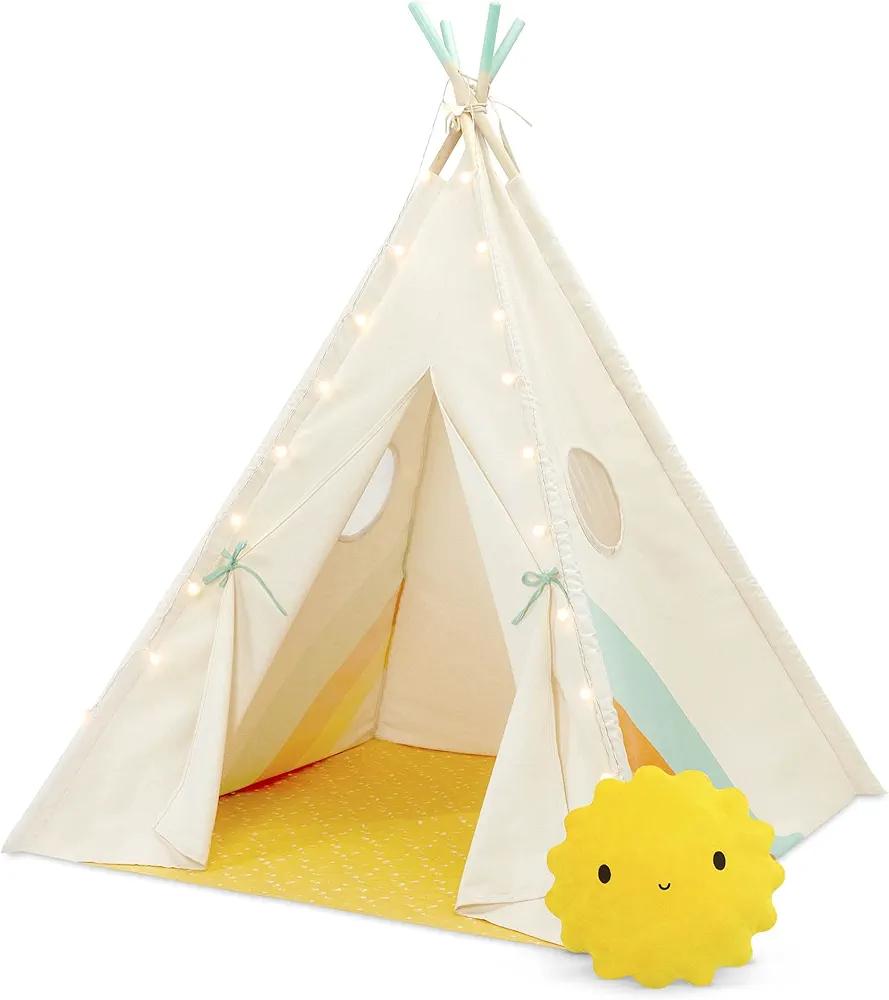 B. Spaces – Kids’ Play Tent – Indoor Play Tent – String Lights & Sun Pillow – Cotton Canvas Tent for Reading, Games – 3 Years + – Happy Hideaway