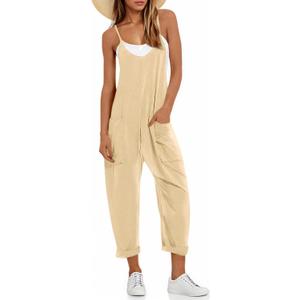 Fisoew Women's Summer Sleeveless Loose Casual V Neck Jumpsuits Spaghetti Strap Long Pants Baggy Overalls with Pockets (Yellow, S)