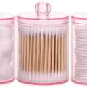 Tbestmax 3 Pack Cotton Swab Ball Pad Holder, 10 Oz Qtip Apothecary Jar Pink Makeup Organizer, Bathroom Containers Dispenser