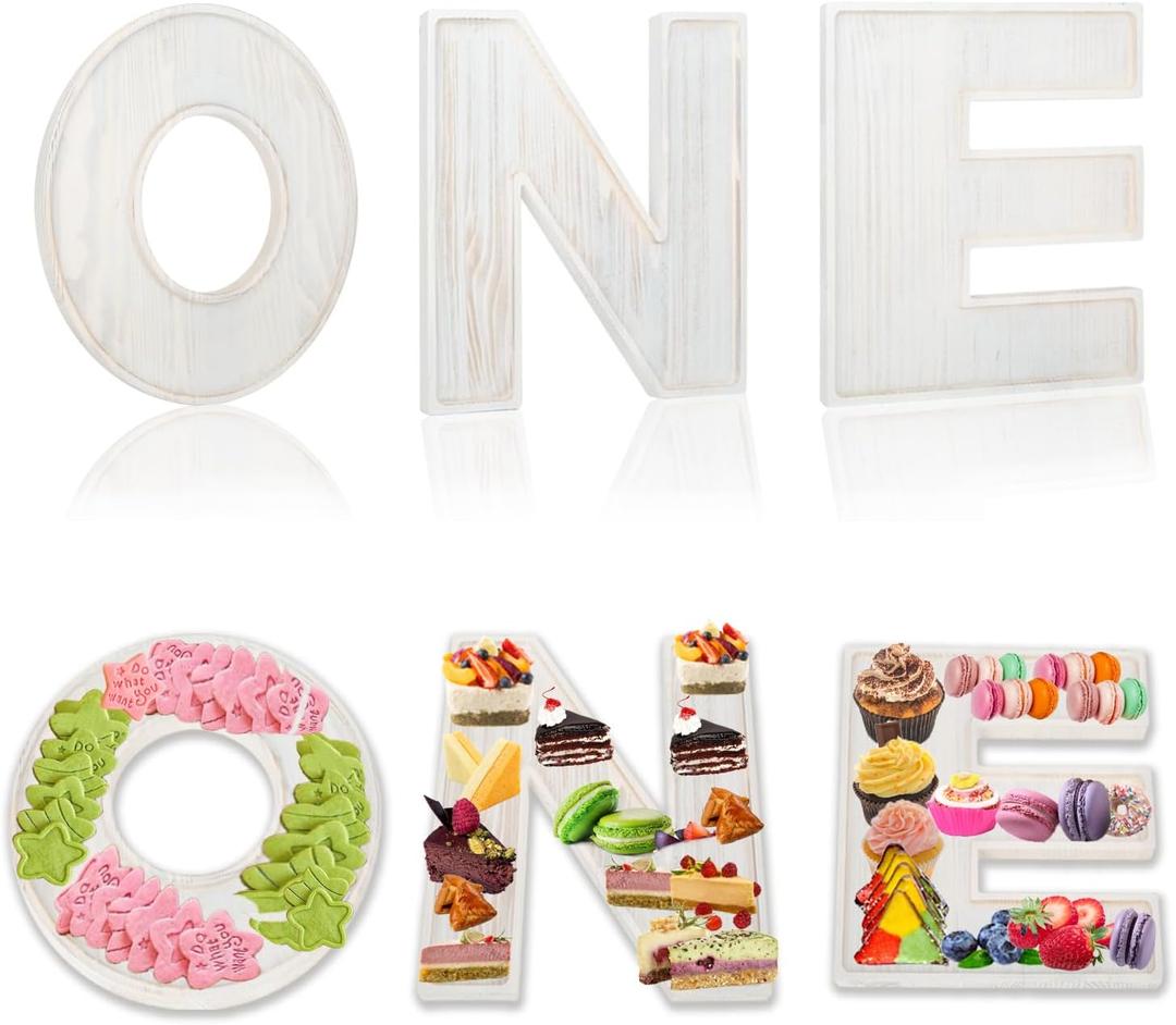3pcs The Letters ONE Wooden Charcuterie Board, 12 Inch Larger 1st Birthday Food Trays, Fillable The Letters Shaped Serving Platter for Food Snack Dessert, Perfect for Birthday Party (Rustic White)
