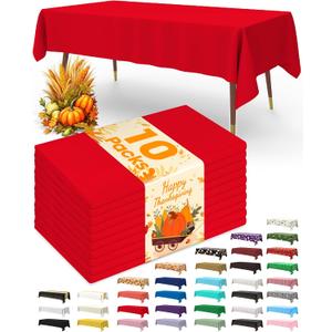 Plastic Table Cloth Disposable 10 Pack, 54 x 108 Inch Table Cloths, Valentines Day, Thanksgiving, Christmas Decorations, Fall Tablecloths, Rectangle, Plastic Cover, Leakproof & Sturdy, Red