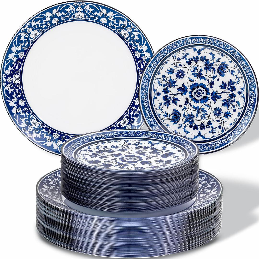 Hioasis 60pcs Blue Plastic Plates Set - Floral Blue & White Porcelain Design, 10.25" Dinner & 7.5" Dessert Plates Disposable for Wedding (Dishwasher Safe, Art Style), 7.5in/10.25in